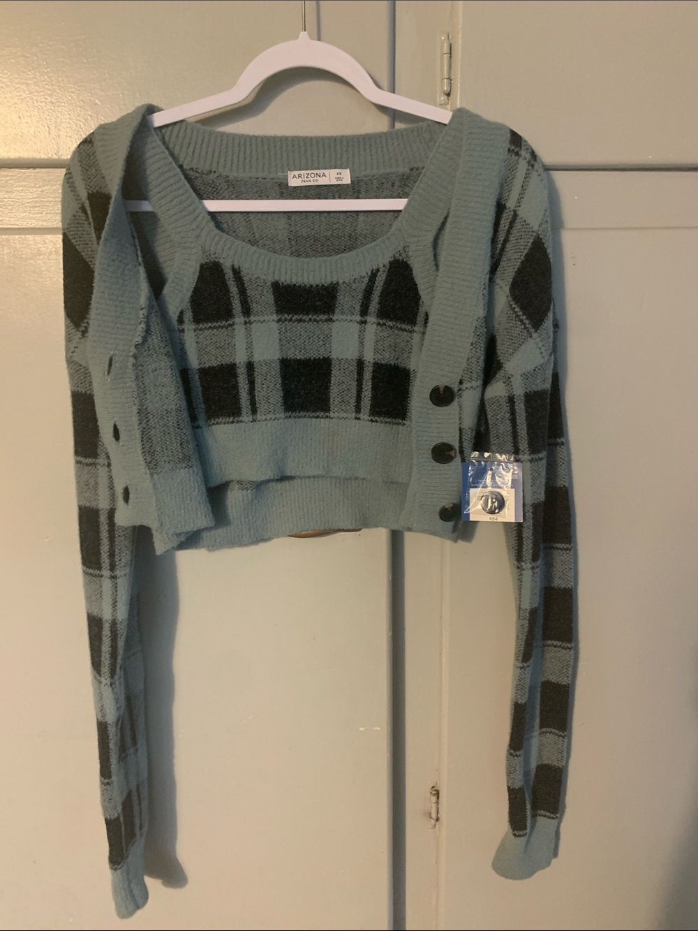 Arizona Jean Company Blue and Black Plaid Cropped Cardigan Set